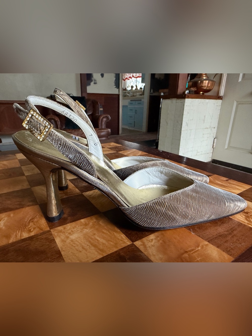 Stuart Weitzman Metallic Taupe Pointed-Toe Slingback Heels with Buckle